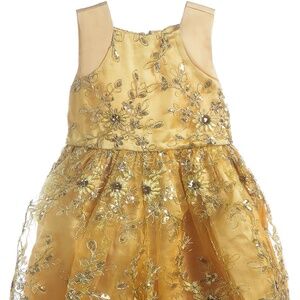 NEW Little Girls Fluffy Ruffled Tulle Gold Party Dress with intricate design